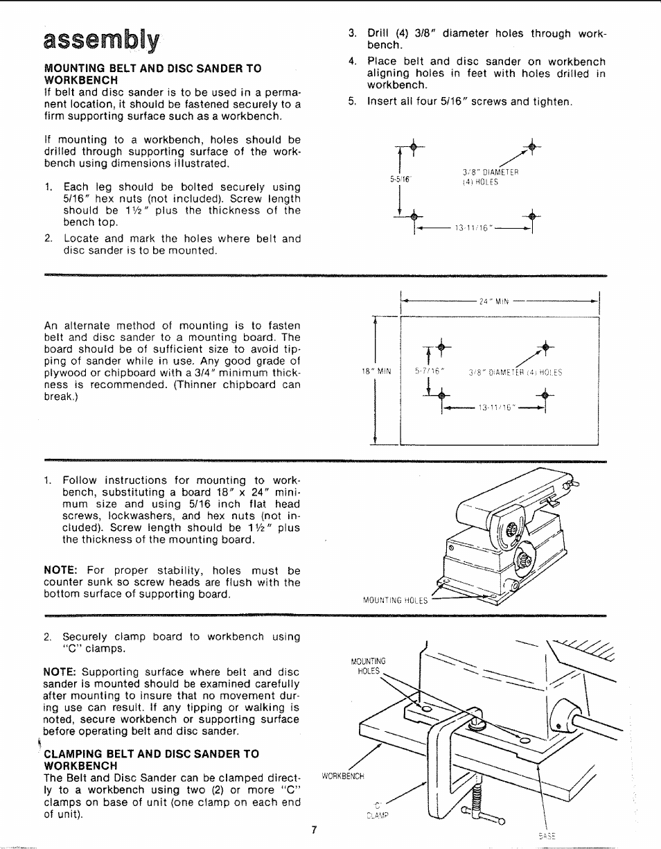 Mounting belt and disc sander to workbench, Clamping belt and disc sander to workbench, Assembly | Sears 113.226424 User Manual | Page 7 / 24