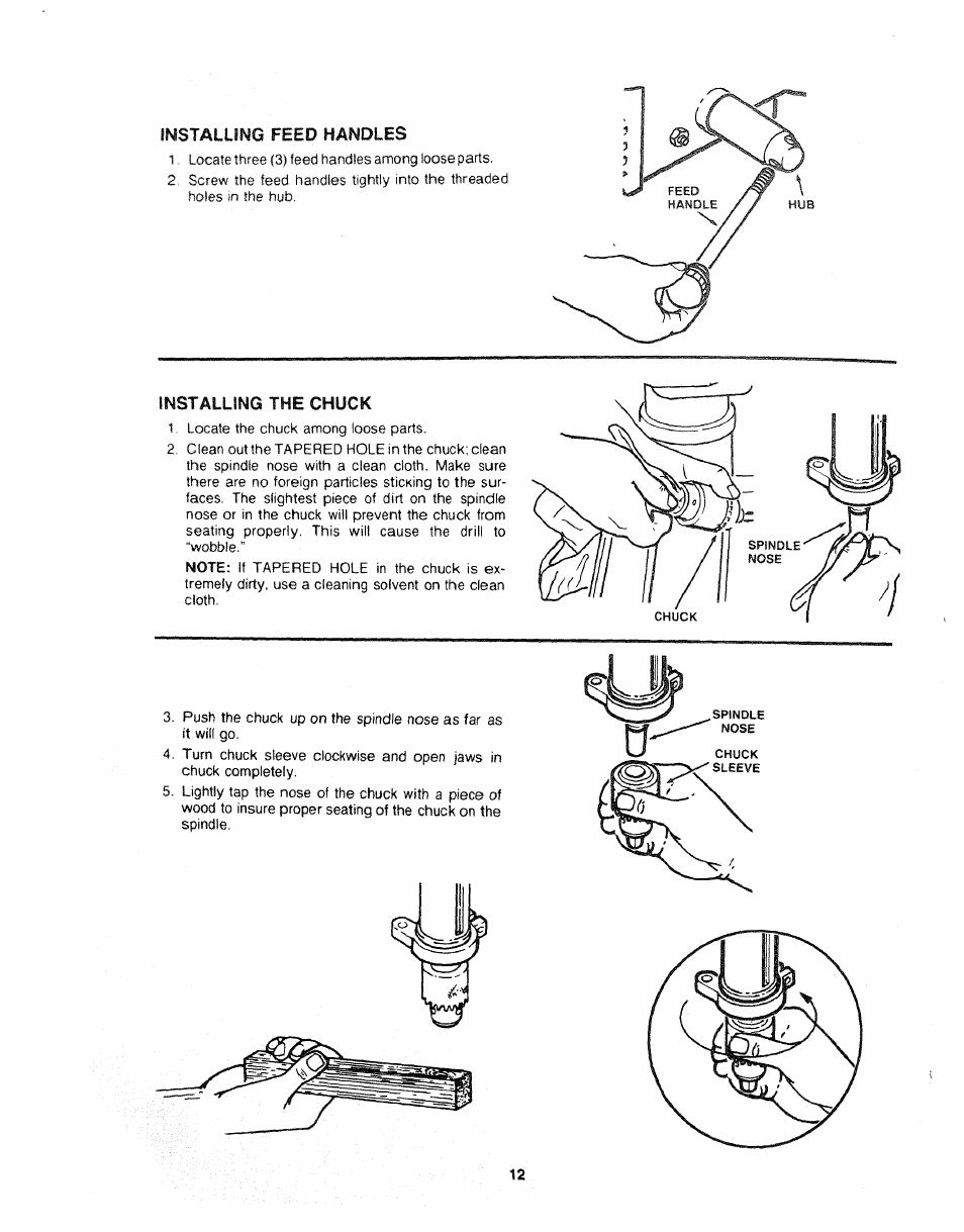 Installing feed handles, Installing the chuck, Installing feed handles installing the chuck | Sears 113.21308 User Manual | Page 12 / 28