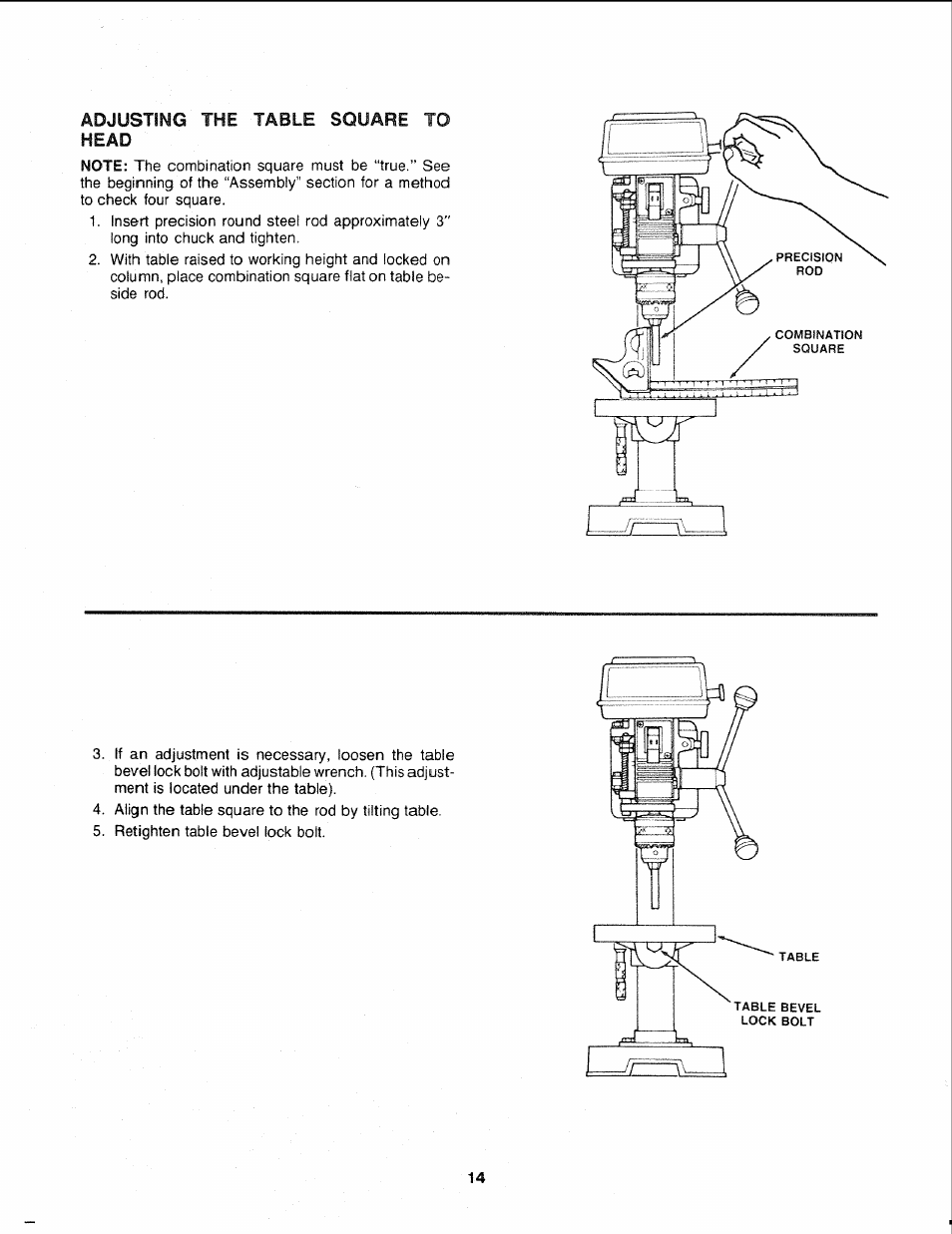 Adjusting the table square to head | Sears 113.21308 User Manual | Page 14 / 28