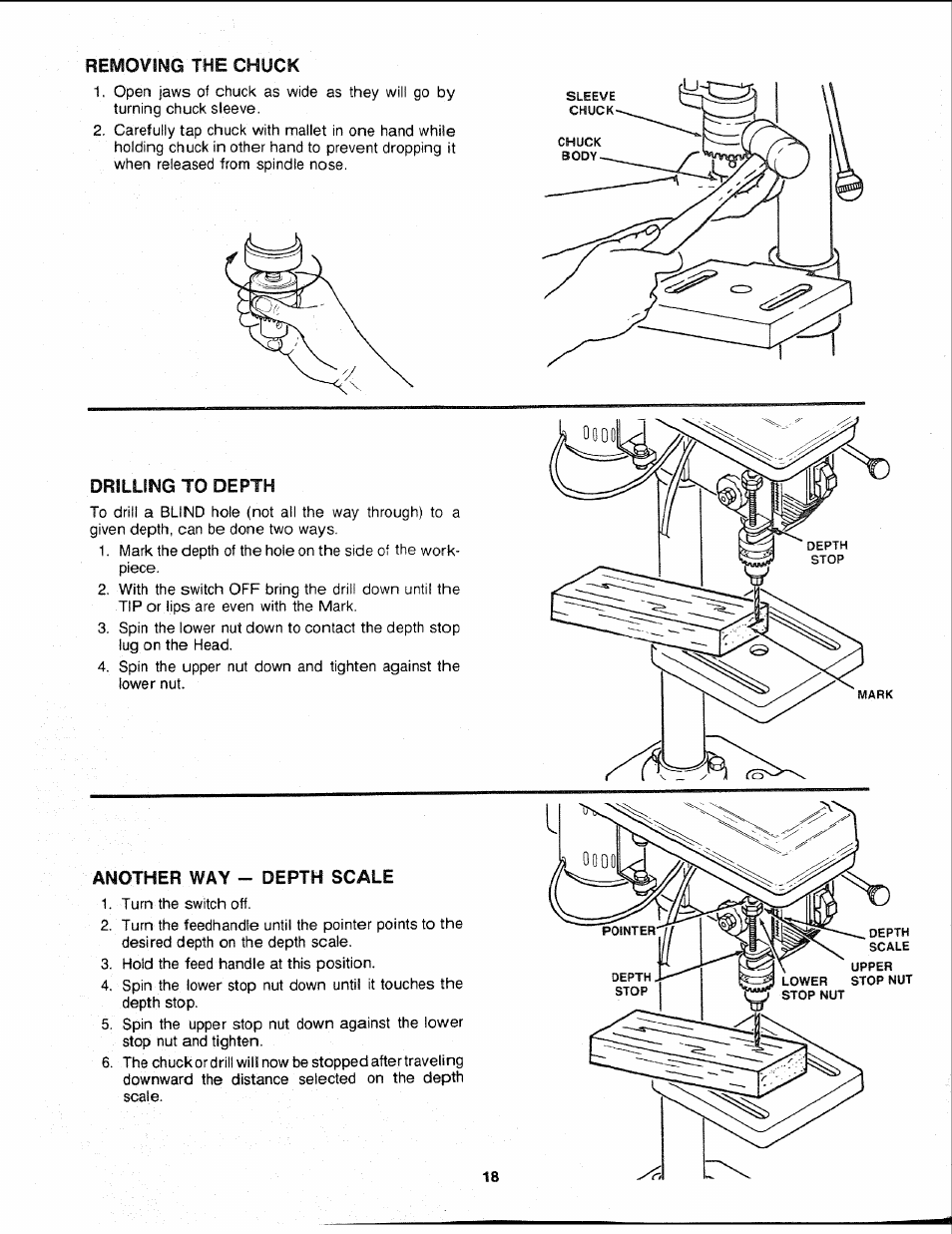 Removing the chuck, Drilling to depth, Another way - depth scale | Removing the chuck drilling to depth | Sears 113.21308 User Manual | Page 18 / 28