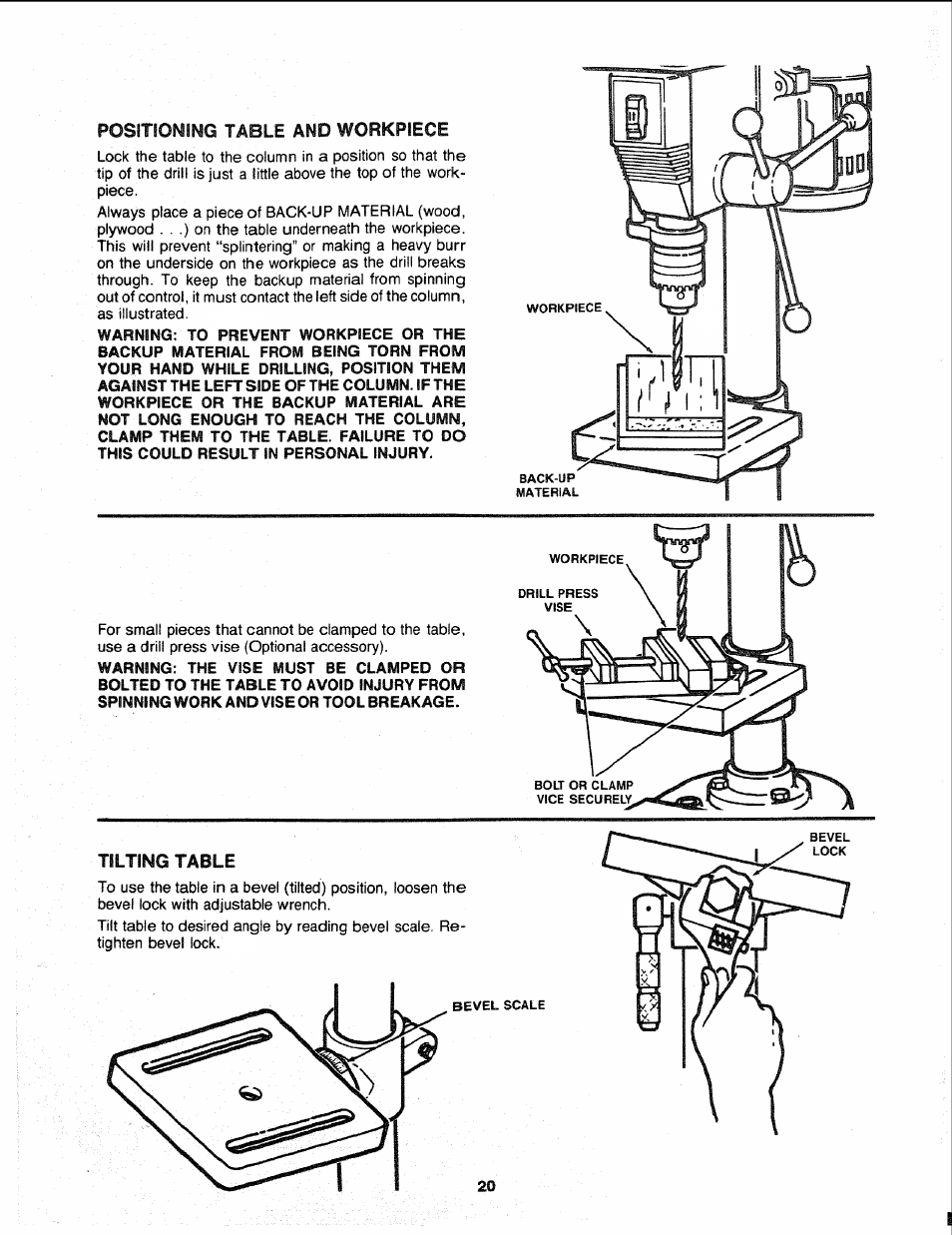 Positioning table and workpiece, Tilting table, Positioning table and workpiece tilting table | Sears 113.21308 User Manual | Page 20 / 28