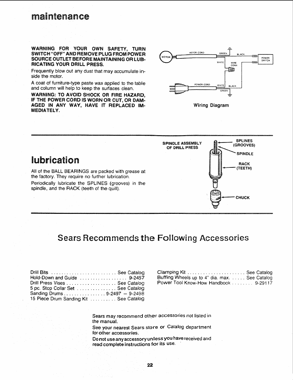 Maintenance, Lubrication, Sears recommends the following accessories | Sears 113.21308 User Manual | Page 22 / 28