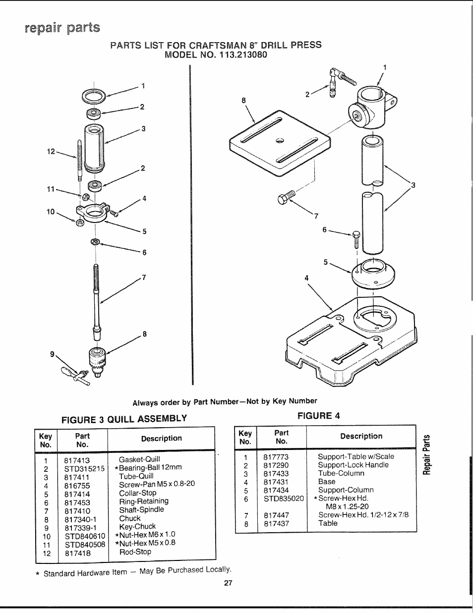 Always order by part number—not by key number, Figure 3 quill assembly figure 4, Repair parts | List, Parts, Figure 3 quill assembly | Sears 113.21308 User Manual | Page 27 / 28