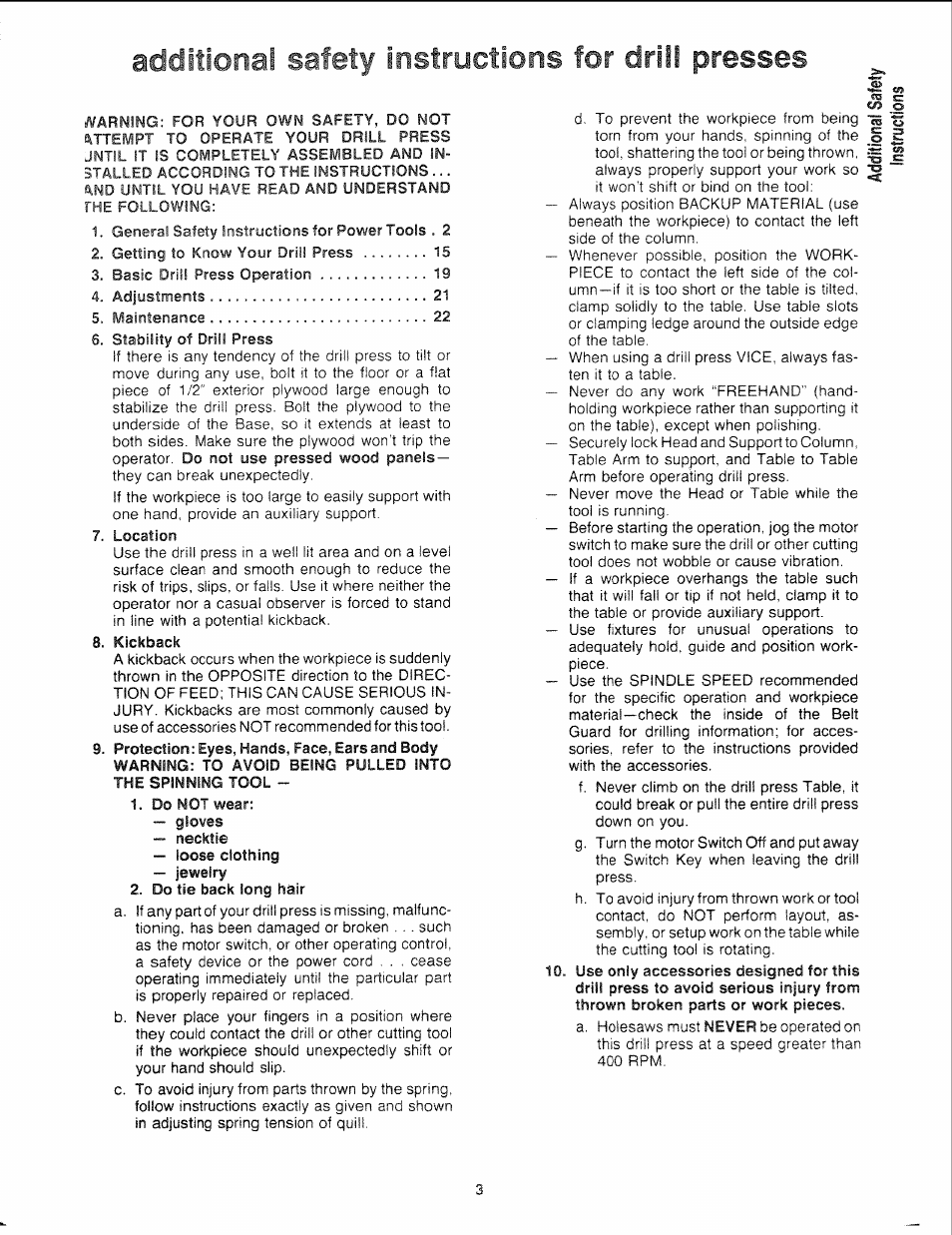 Additional safety instructions for drill presses | Sears 113.21308 User Manual | Page 3 / 28