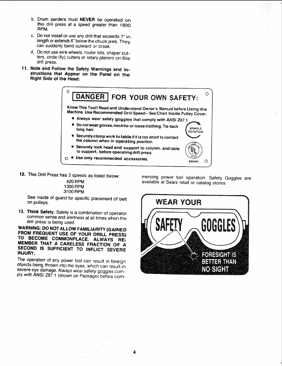 Danger for your own safety | Sears 113.21308 User Manual | Page 4 / 28