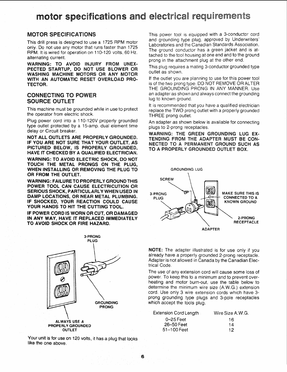 Motor specifications and eiectrical requirements, Motor specifications, Connecting to power source outlet | Sears 113.21308 User Manual | Page 6 / 28