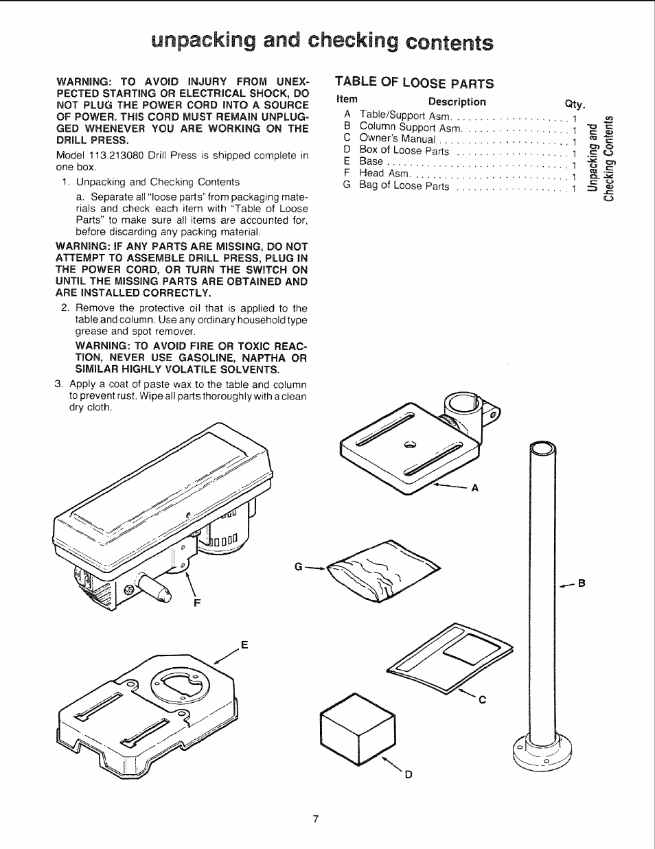 Unpacking and checking contents, Table of loose parts | Sears 113.21308 User Manual | Page 7 / 28
