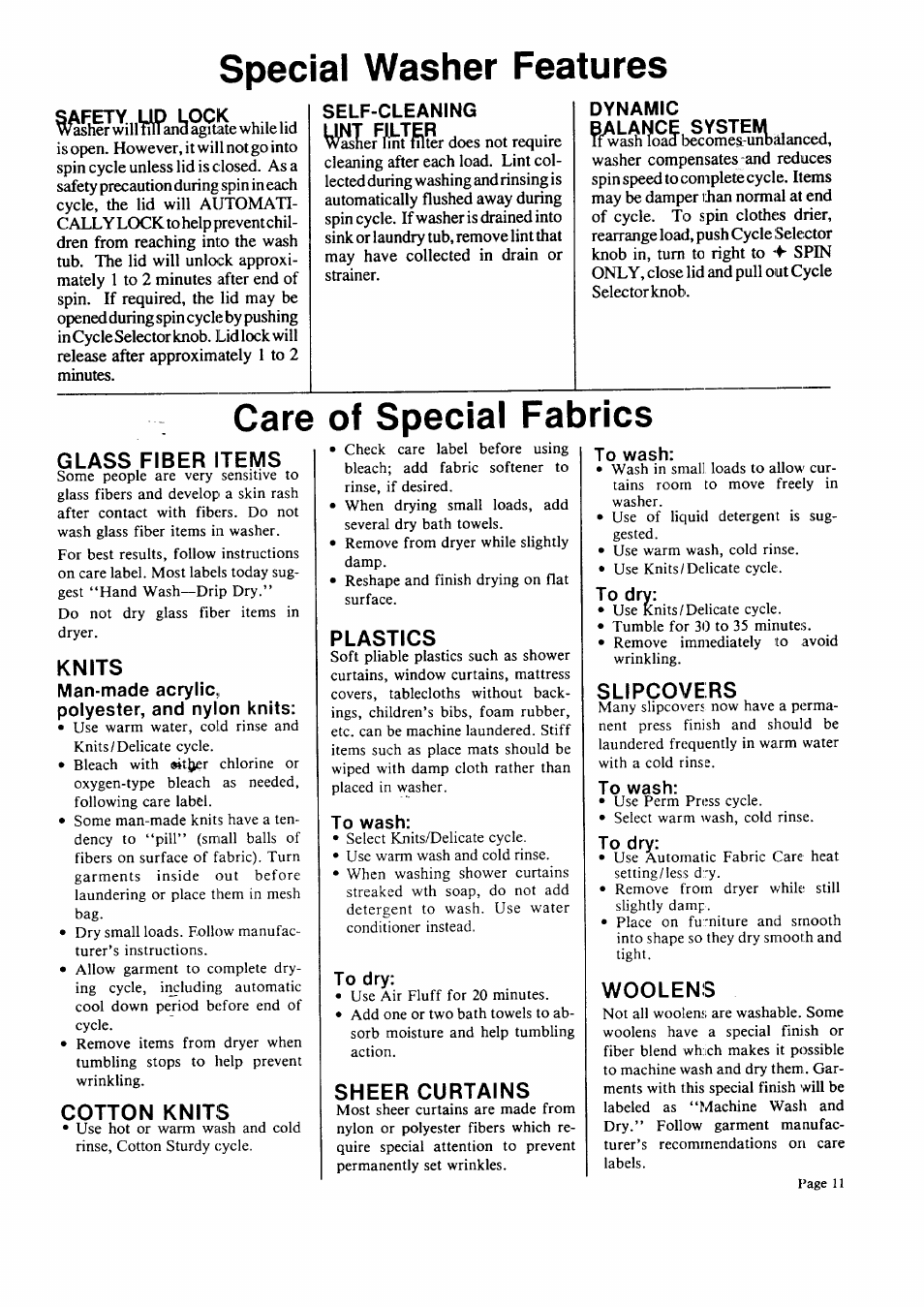 Special washer features, Care of special fabrics, Glass fiber items | Knits, Man-made acrylic, polyester, and nylon knits, Cotton knits, Plastics, To wash, To dry, Sheer curtains | Sears 95701 User Manual | Page 11 / 16