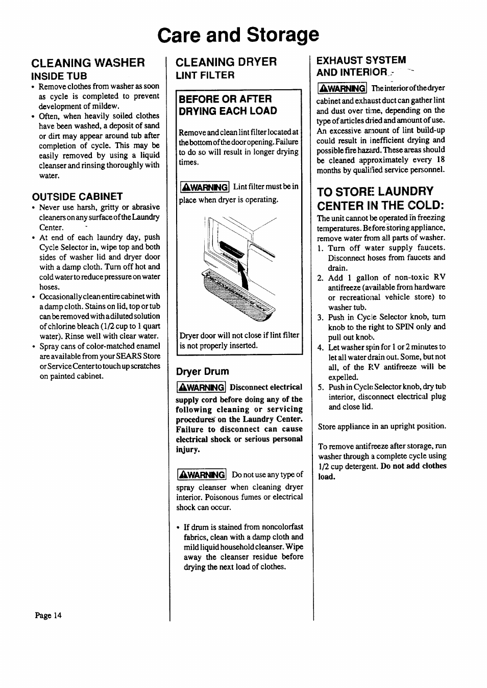 Care and storage, Cleaning dryer, To store laundry center in the cold | Cleaning washer inside tub, Outside cabinet, Dryer drum, Exhaust system and interior | Sears 95701 User Manual | Page 14 / 16