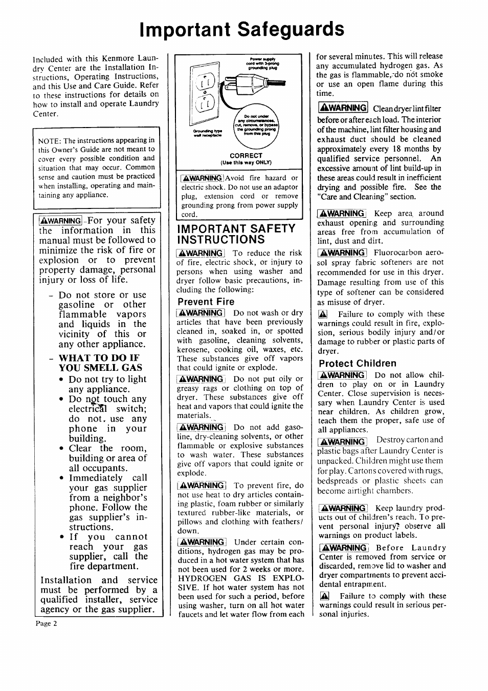 Important safeguards, What to do if you smell gas, Important safety instructions | Prevent fire | Sears 95701 User Manual | Page 2 / 16
