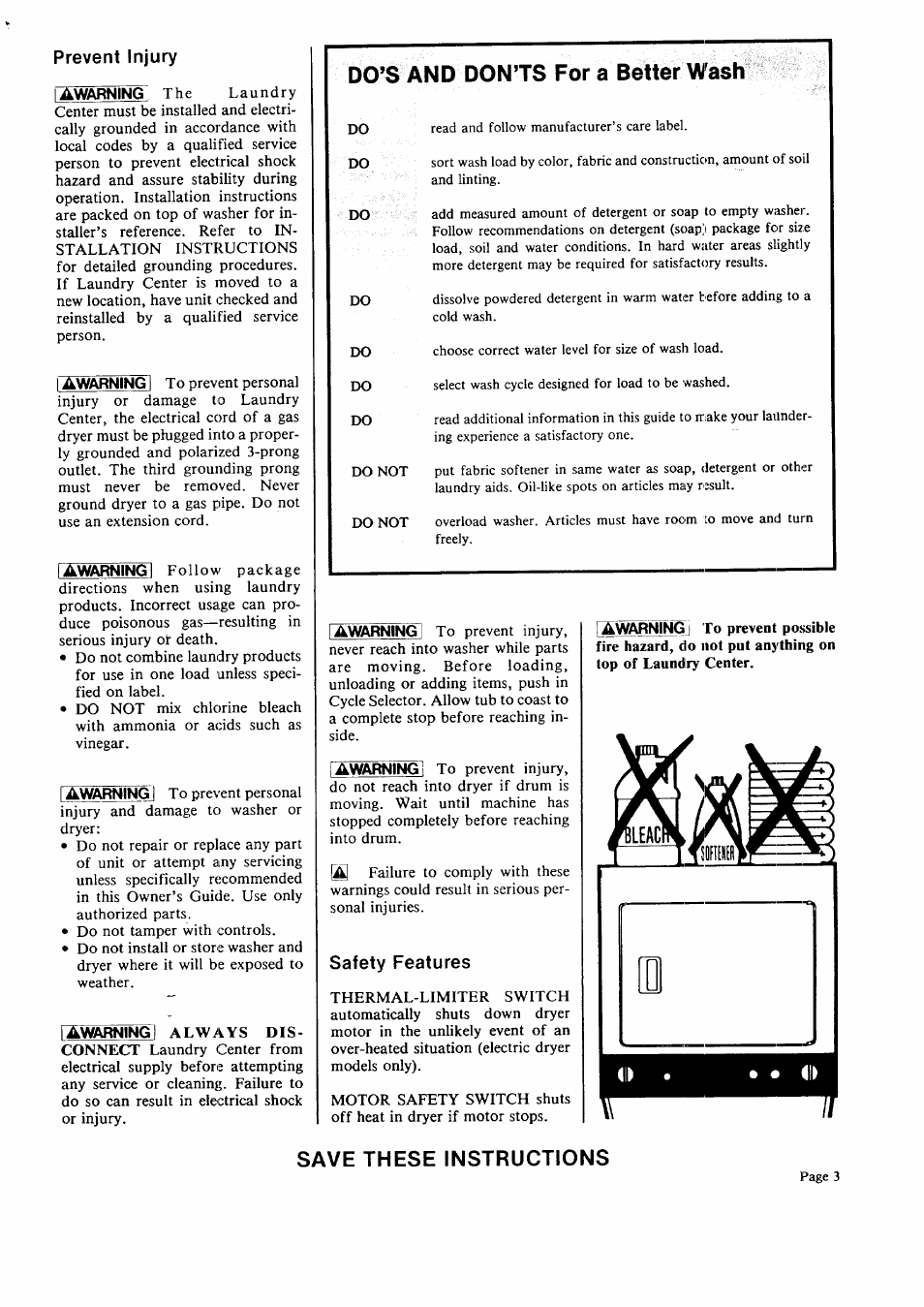 Prevent injury, Safety features, Save these instructions | Do’s and don’ts for a better wash | Sears 95701 User Manual | Page 3 / 16