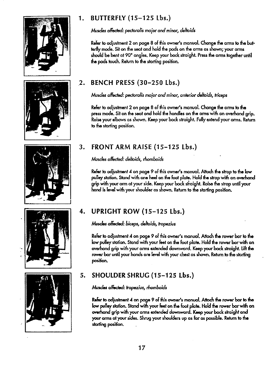 Butterfly (15-125 lbs.), Bench press (30-250 lbs.), Front arm raise (15-125 lbs.) | Upright row (1s-125 lbs.), Shoulder shrug (15-125 lbs.) | Sears 831.159341 User Manual | Page 18 / 36