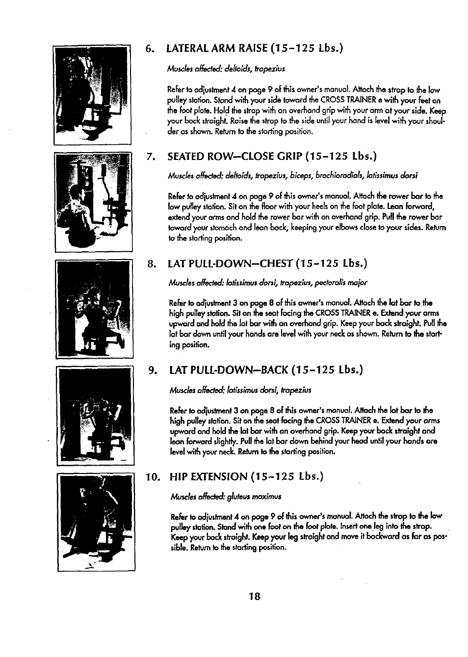 Lateral arm raise (15-125 lbs.), Seated row-close crip (15-125 lbs.), Lat pull-down-chest (15-125 lbs.) | Lat pull-down-back (15-125 lbs.), Hip extension (15-125 lbs.) | Sears 831.159341 User Manual | Page 19 / 36