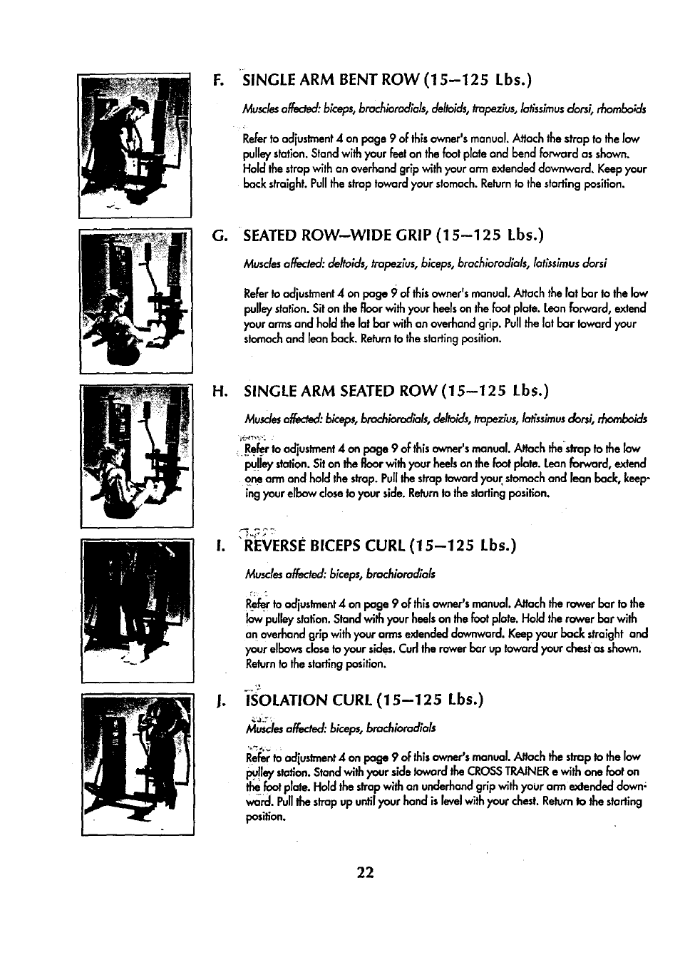 F. single arm bent row (15-125 lbs.), C. seated row-wide grip (15-125 lbs.), H. single arm seated row (15-125 lbs.) | Reversé biceps curl (15-125 lbs.) | Sears 831.159341 User Manual | Page 23 / 36