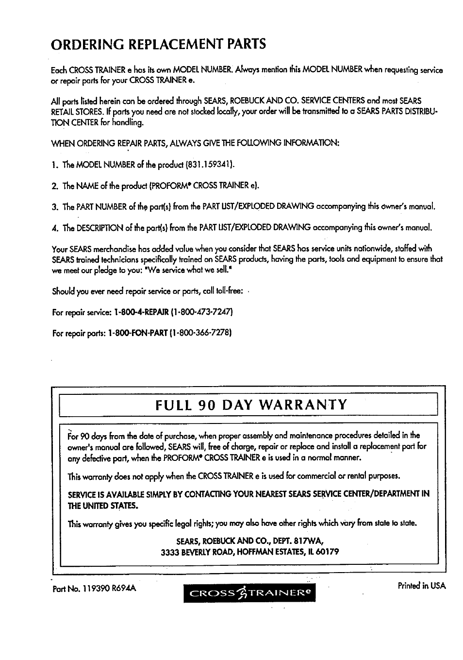 Ordering replacement parts, Full 90 day warranty | Sears 831.159341 User Manual | Page 36 / 36