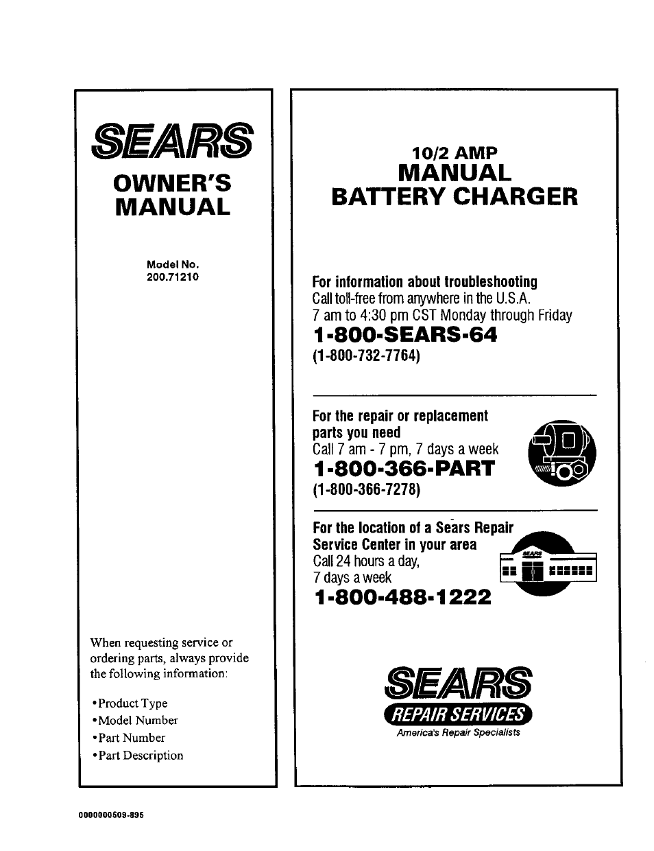 Owner's, Manual, Battery charger | Owner's manual, Manual battery charger | Sears 200.7121 User Manual | Page 12 / 12