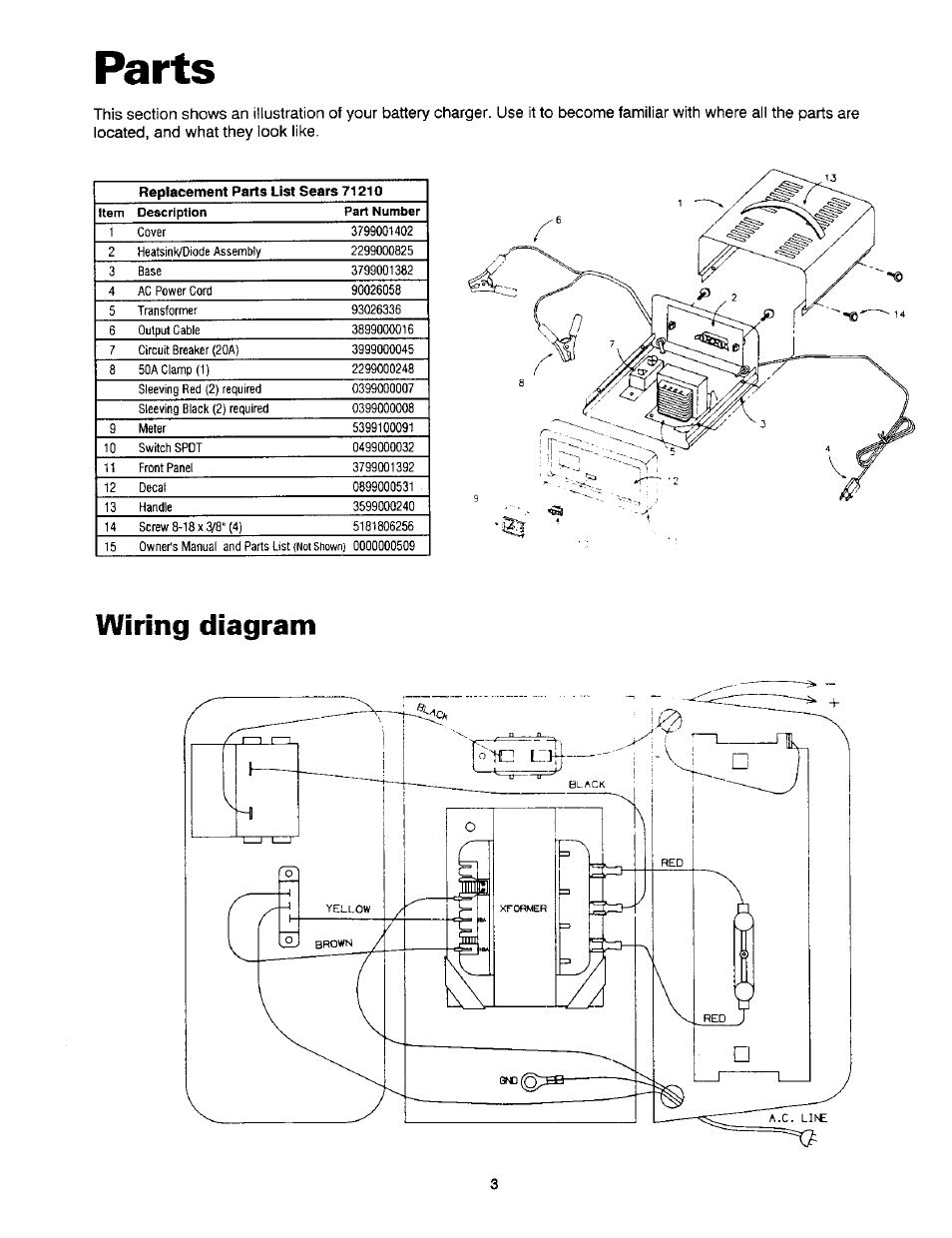 Parts, Wiring diagram | Sears 200.7121 User Manual | Page 4 / 12