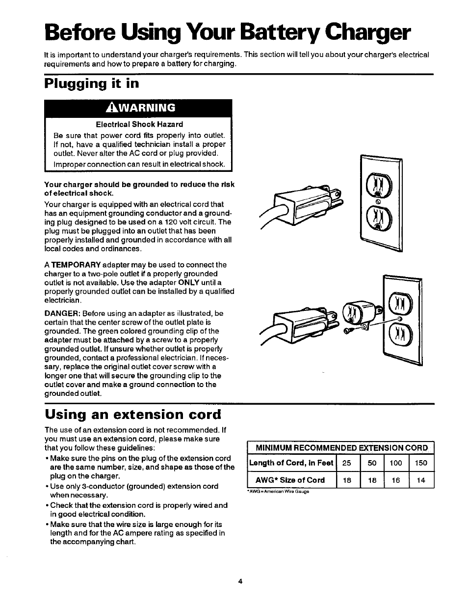 Before using your battery charger, Plugging it in, Using an extension cord | Sears 200.7121 User Manual | Page 5 / 12