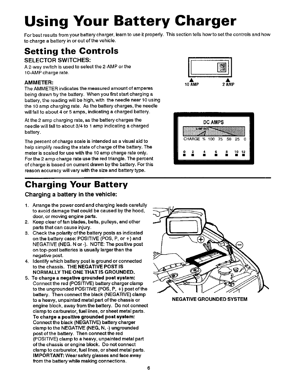 Using your battery charger, Selector switches, Charging a battery in the vehicle | Setting the controls, Charging your battery | Sears 200.7121 User Manual | Page 7 / 12