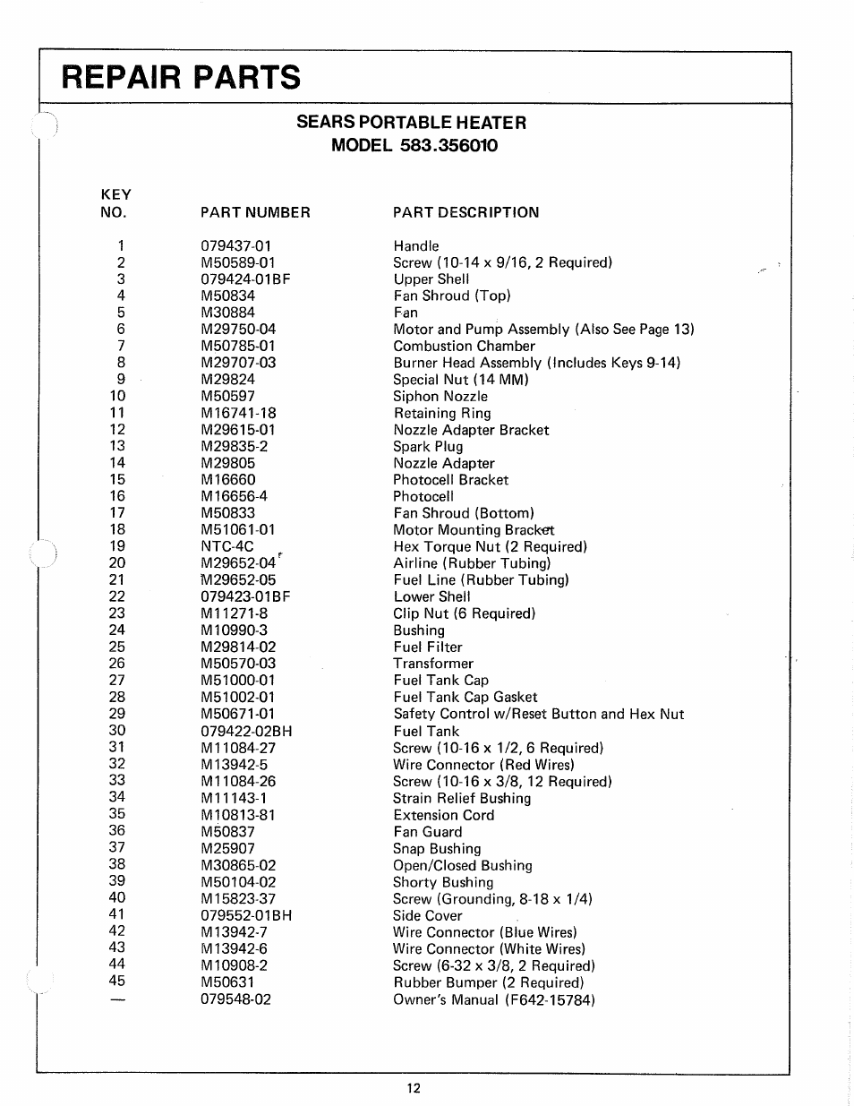 Repair parts | Sears 583.35601 User Manual | Page 12 / 14