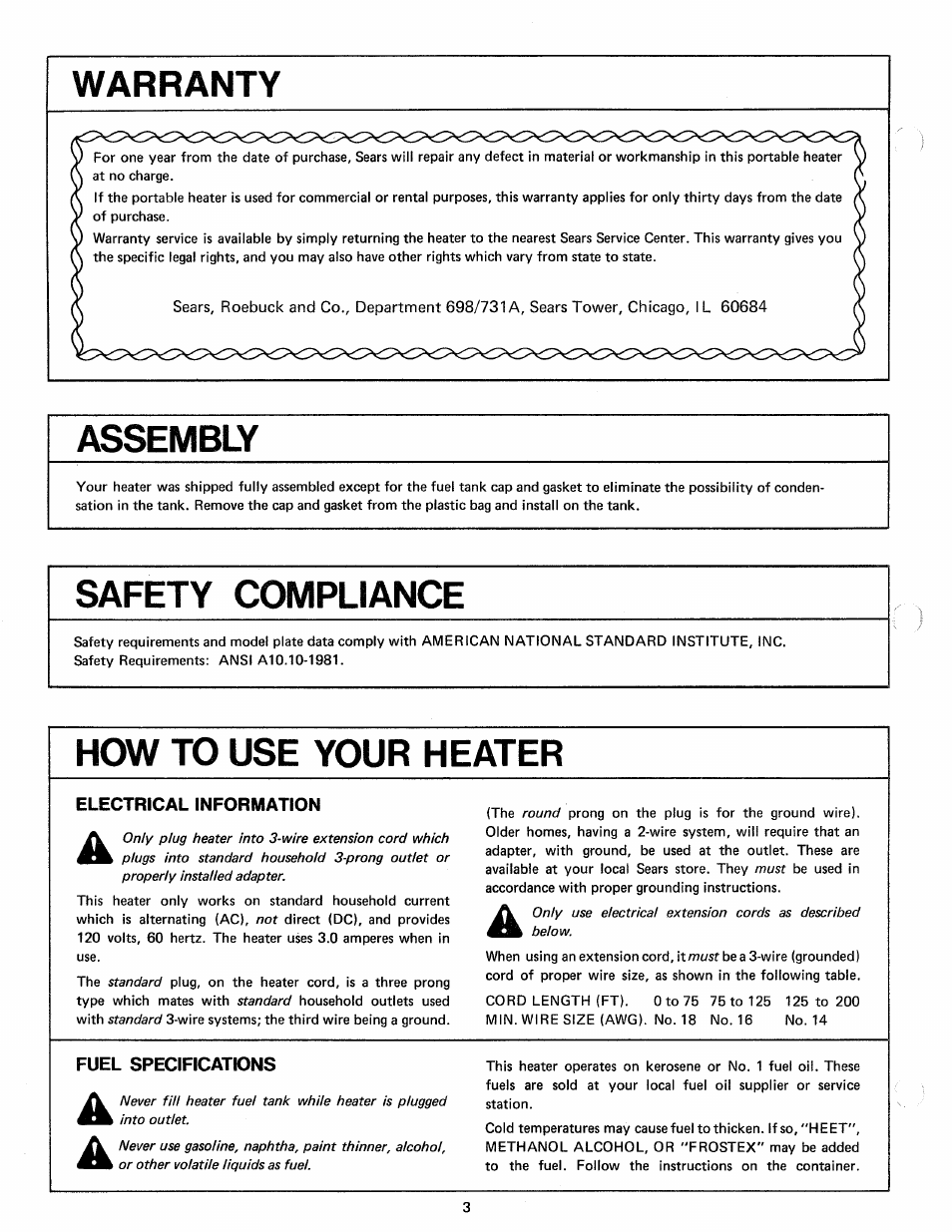 Warranty, Assembly, Safety compliance | How to use your heater, Electrical information, Fuel specifications | Sears 583.35601 User Manual | Page 3 / 14