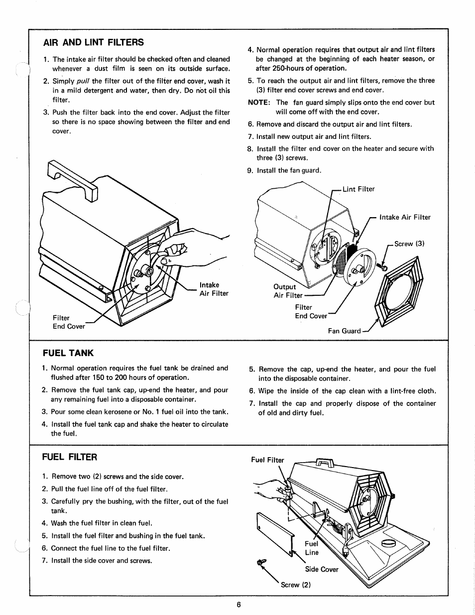 Air and lint filters, Fuel tank, Fuel filter | Sears 583.35601 User Manual | Page 6 / 14