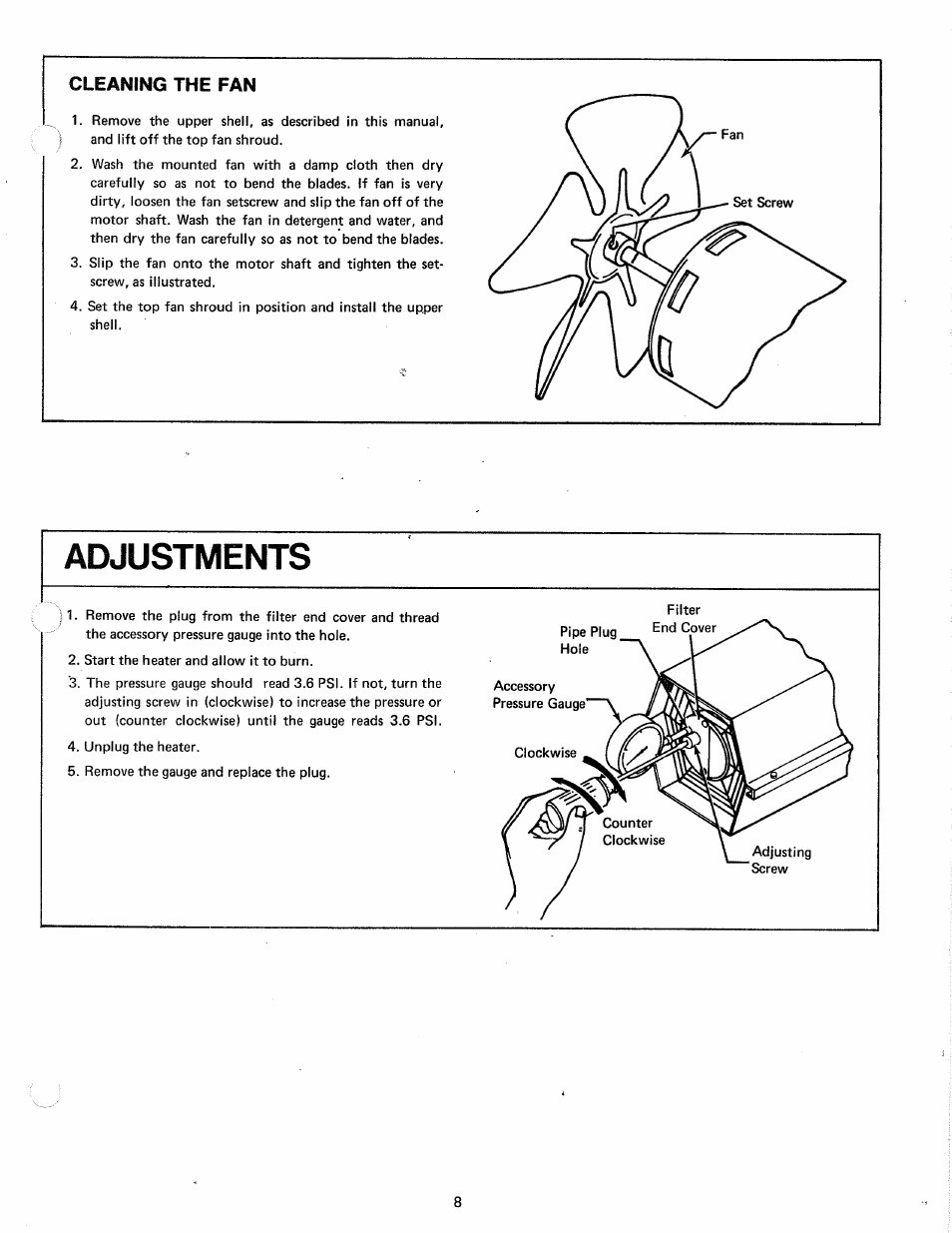 Cleaning the fan, Adjustments | Sears 583.35601 User Manual | Page 8 / 14