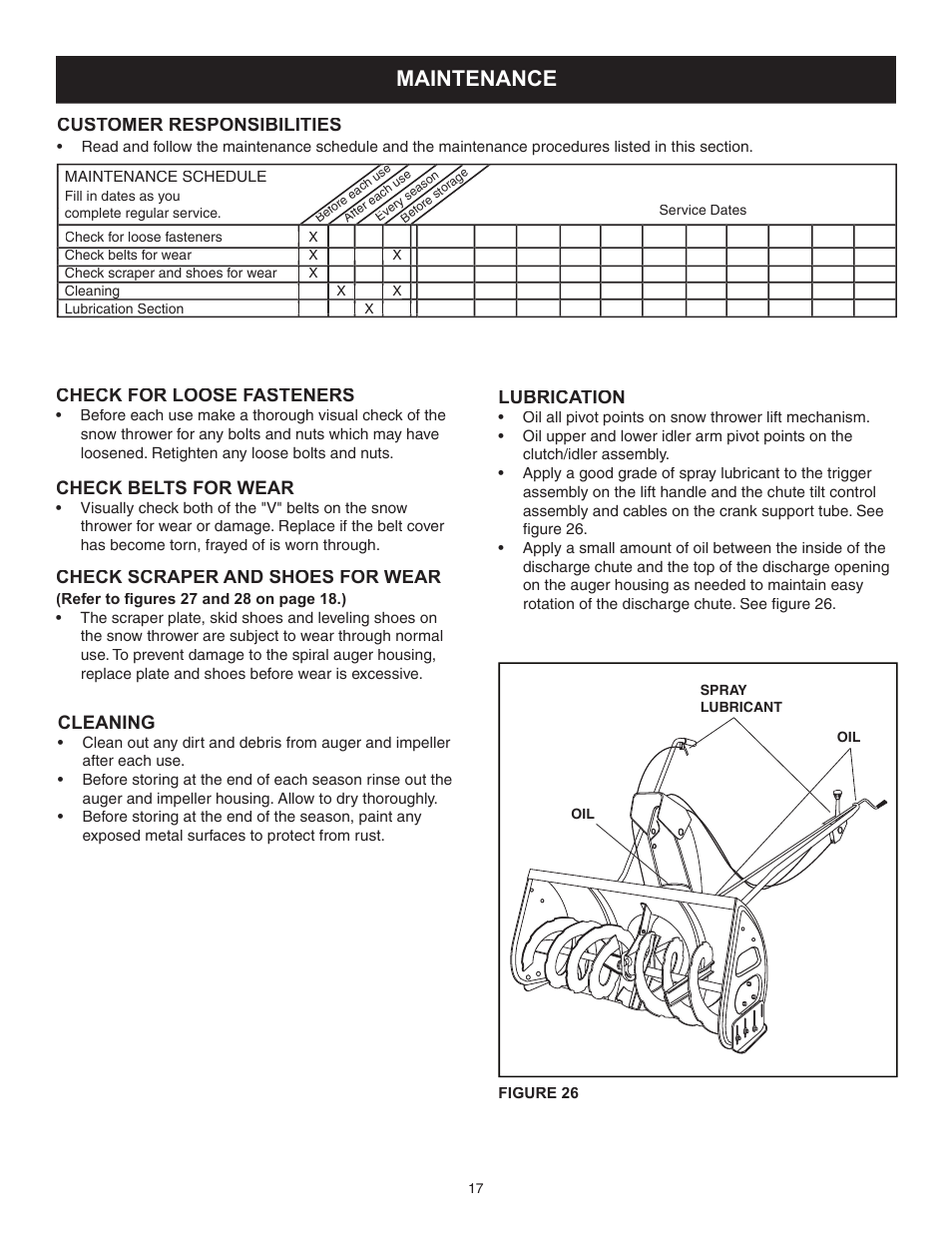 Maintenance, Customer responsibilities, Check for loose fasteners | Check belts for wear, Check scraper and shoes for wear, Cleaning, Lubrication | Sears 486.248463 User Manual | Page 17 / 28