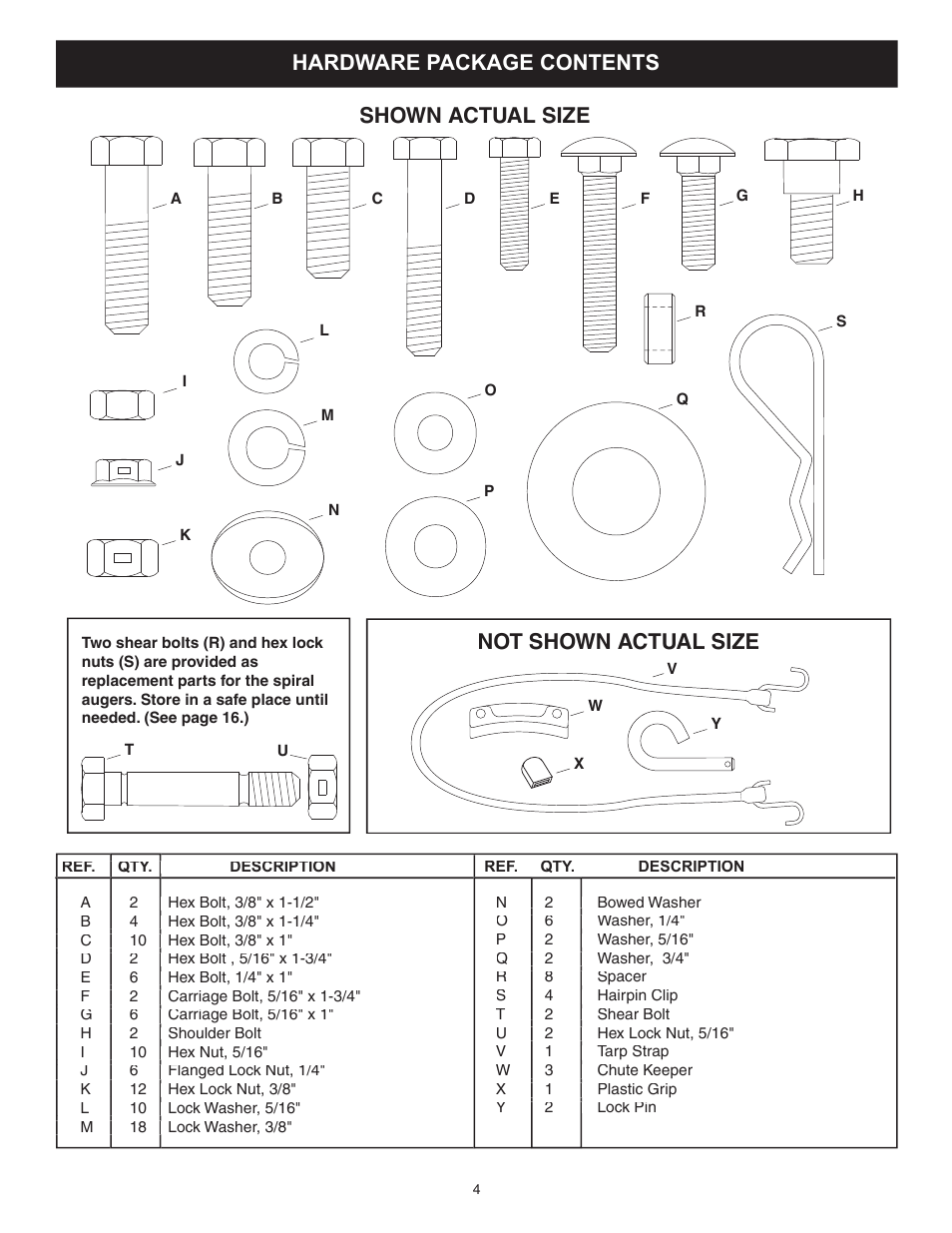 Hardware package contents, Not shown actual size shown actual size | Sears 486.248463 User Manual | Page 4 / 28