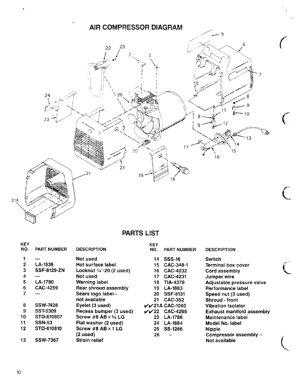 Air compressor diagram, Parts list | Sears Craftsman 919.150280 User Manual | Page 10 / 12