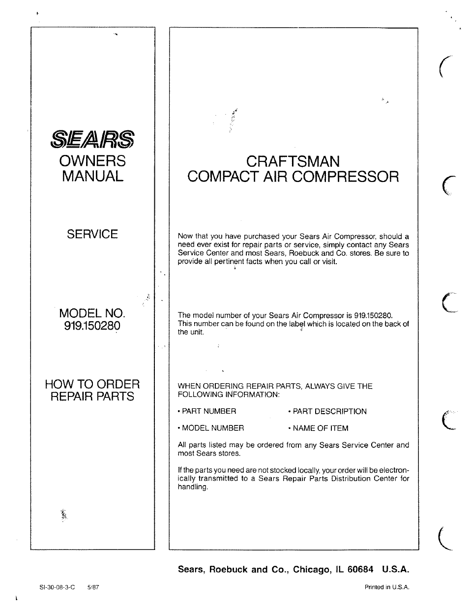 Sears, roebuck and co,, chicago, il 60684 u.s.a, Owners manual, Craftsman compact air compressor | Sears Craftsman 919.150280 User Manual | Page 12 / 12