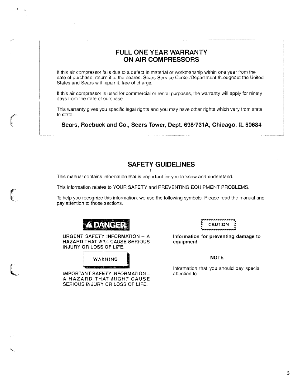 Full one year warranty on air compressors, Safety guidelines, Warning | Caution, Information for preventing damage to equipment, Note | Sears Craftsman 919.150280 User Manual | Page 3 / 12