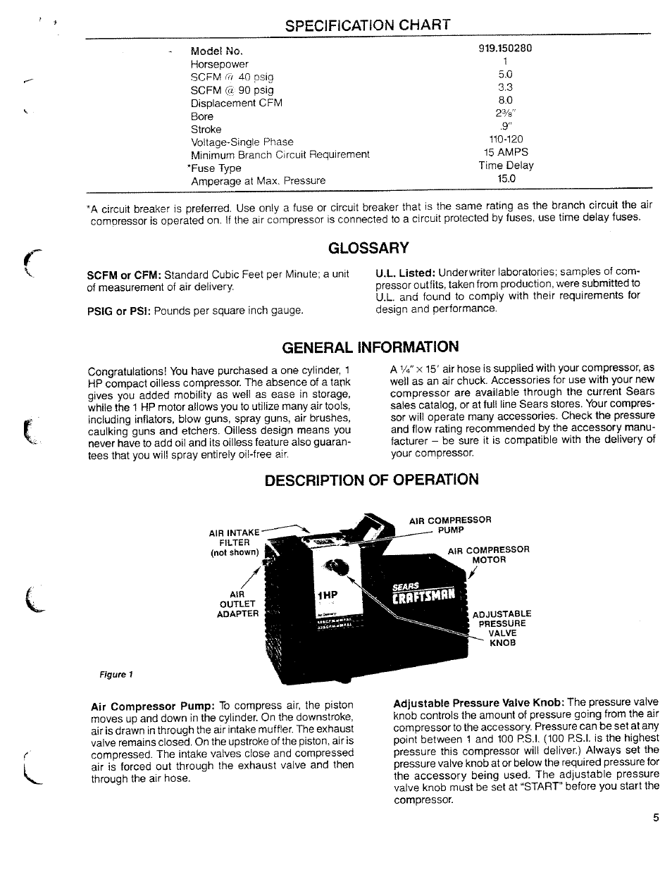 Glossary, General information, Description of operation | Specification chart | Sears Craftsman 919.150280 User Manual | Page 5 / 12