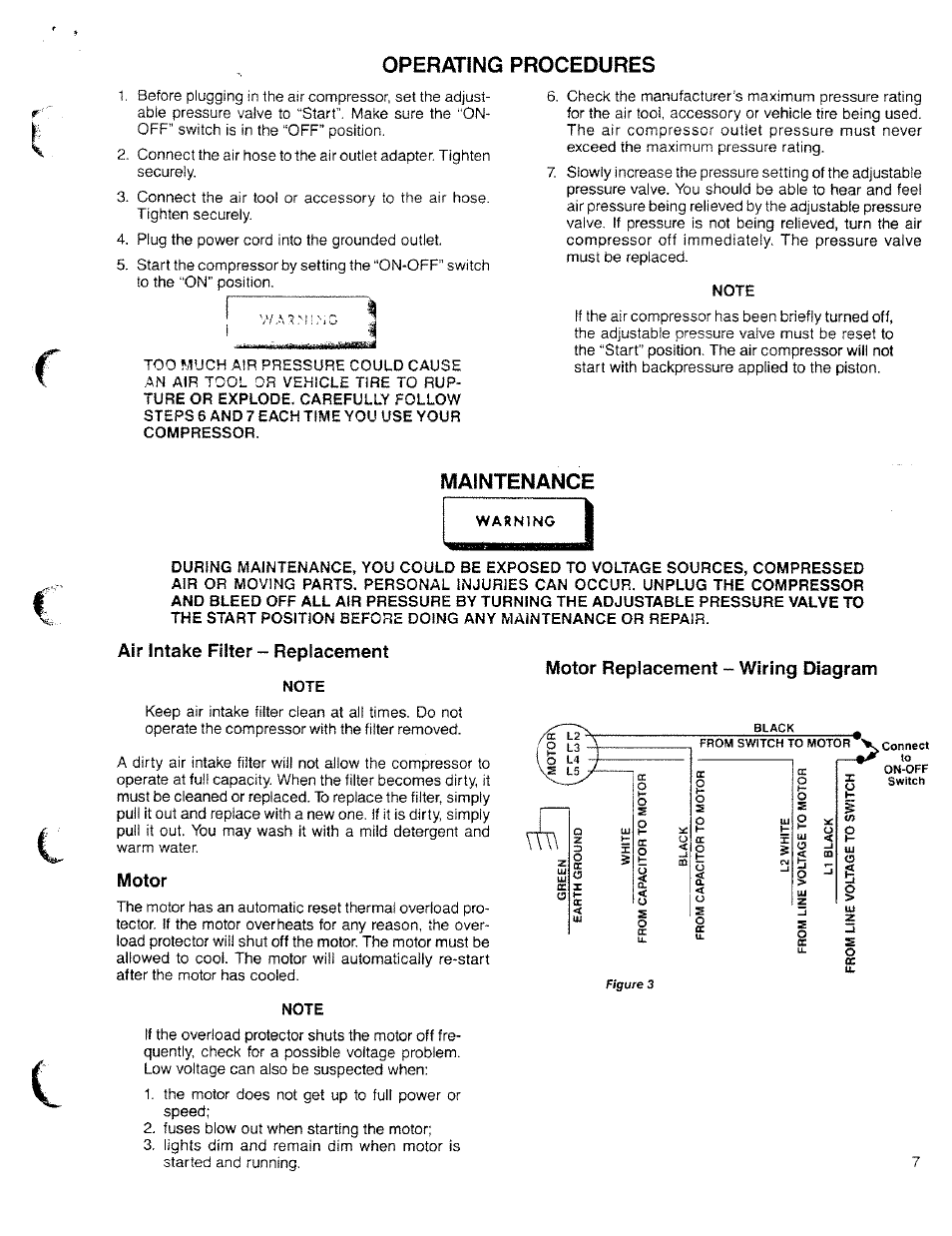 Operating procedures, Note, Maintenance | Air intake filter - replacement, Motor, Air intake filter ™ replacement, Motor replacement - wiring diagram | Sears Craftsman 919.150280 User Manual | Page 7 / 12