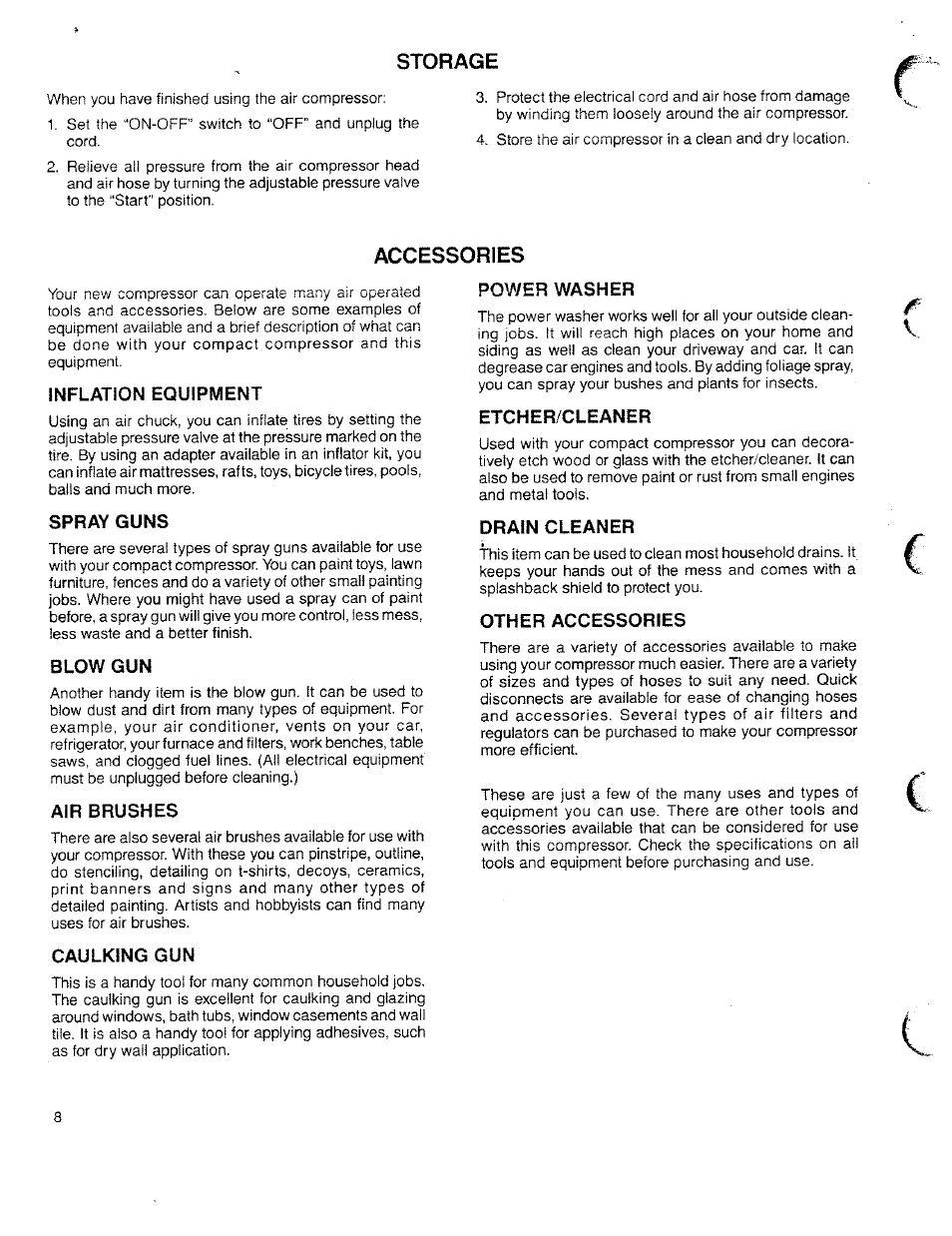 Storage, Accessories, Inflation equipment | Spray guns, Blow gun, Air brushes, Caulking gun, Power washer, Etcher/cleaner, Drain cleaner | Sears Craftsman 919.150280 User Manual | Page 8 / 12