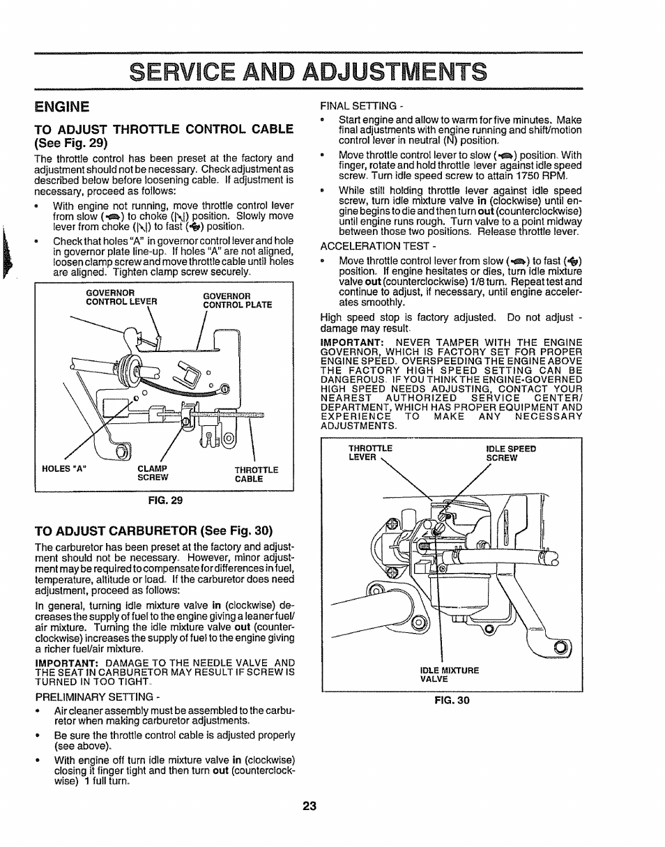 Service and adjustments, Engine | Sears 917.257632 User Manual | Page 23 / 56