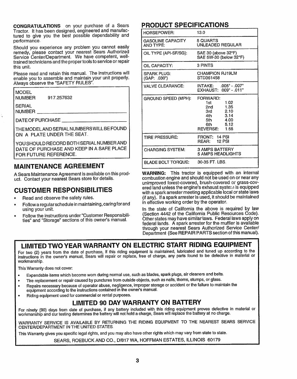 Product specifications, Maintenance agreement, Customer responsibilities | Limited 90 day warranty on battery | Sears 917.257632 User Manual | Page 3 / 56