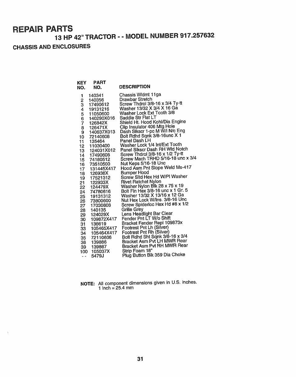 Repair parts | Sears 917.257632 User Manual | Page 31 / 56