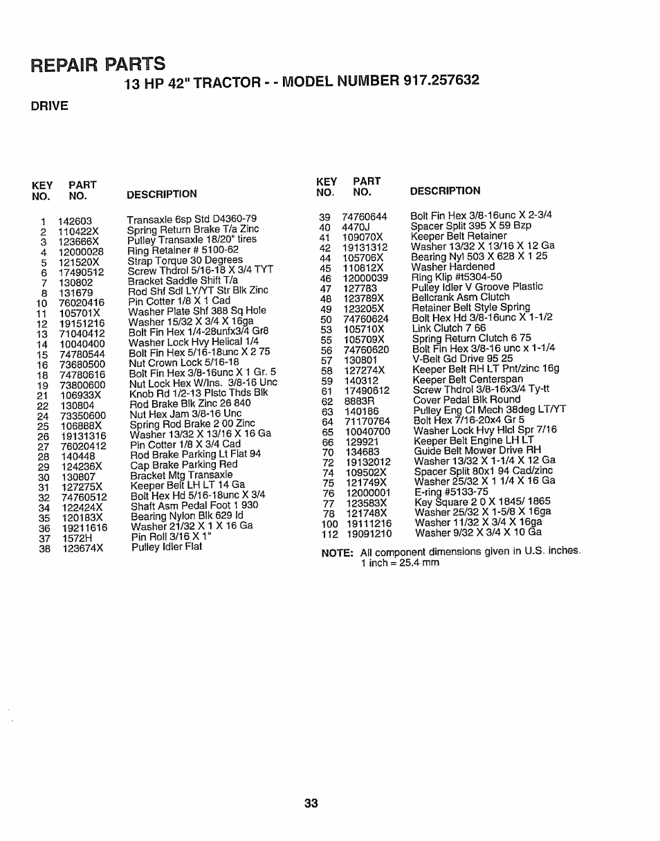 Repair parts | Sears 917.257632 User Manual | Page 33 / 56