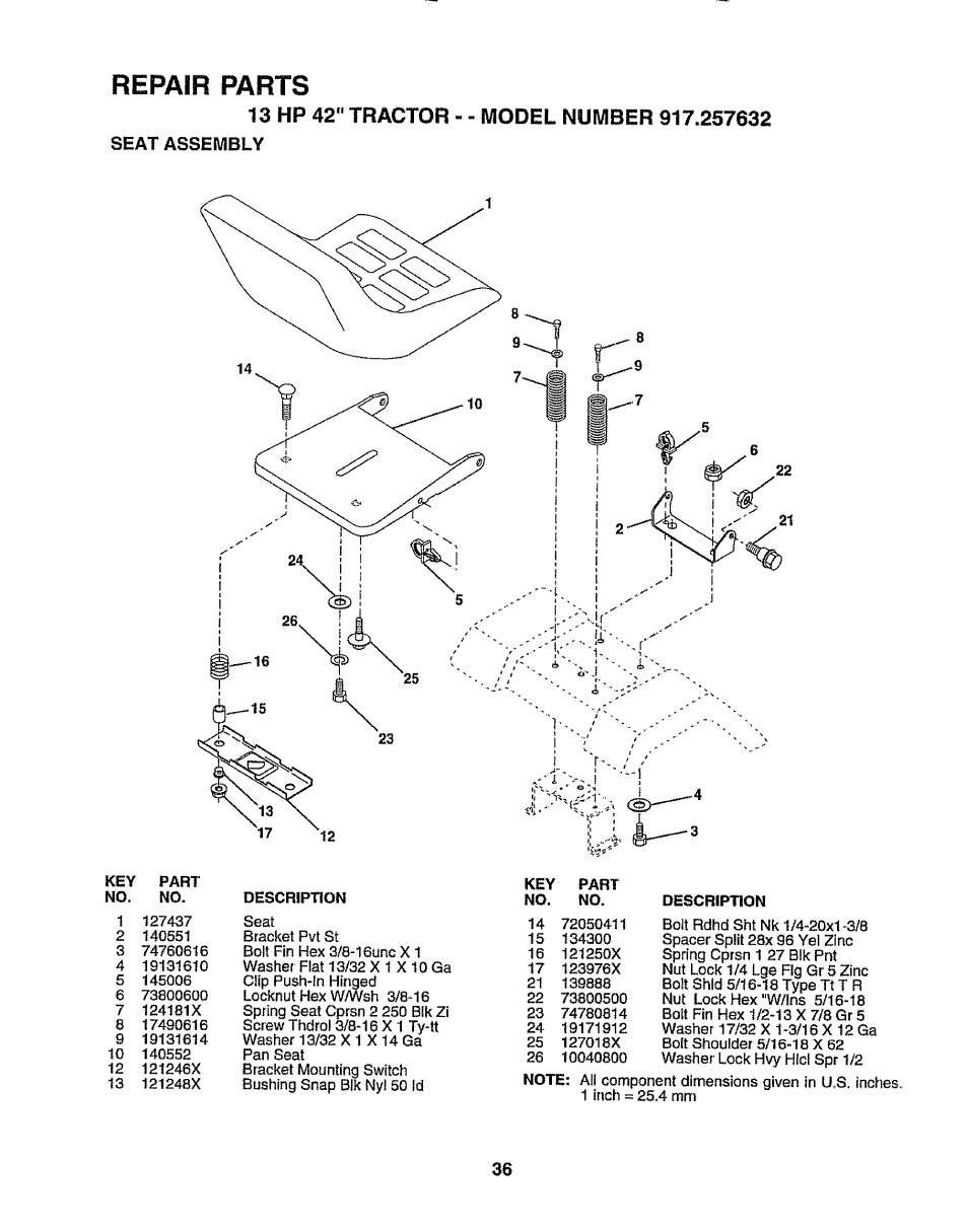 Repair parts | Sears 917.257632 User Manual | Page 36 / 56