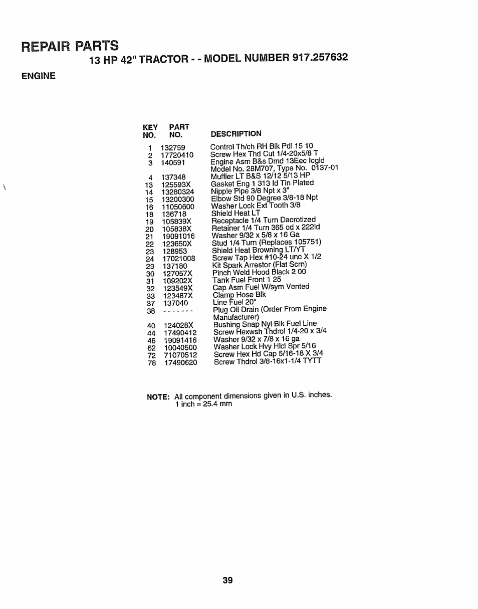 Repair parts | Sears 917.257632 User Manual | Page 39 / 56