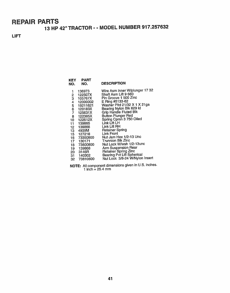 Repair parts | Sears 917.257632 User Manual | Page 41 / 56