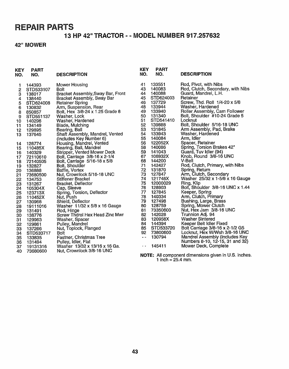 Repair parts | Sears 917.257632 User Manual | Page 43 / 56