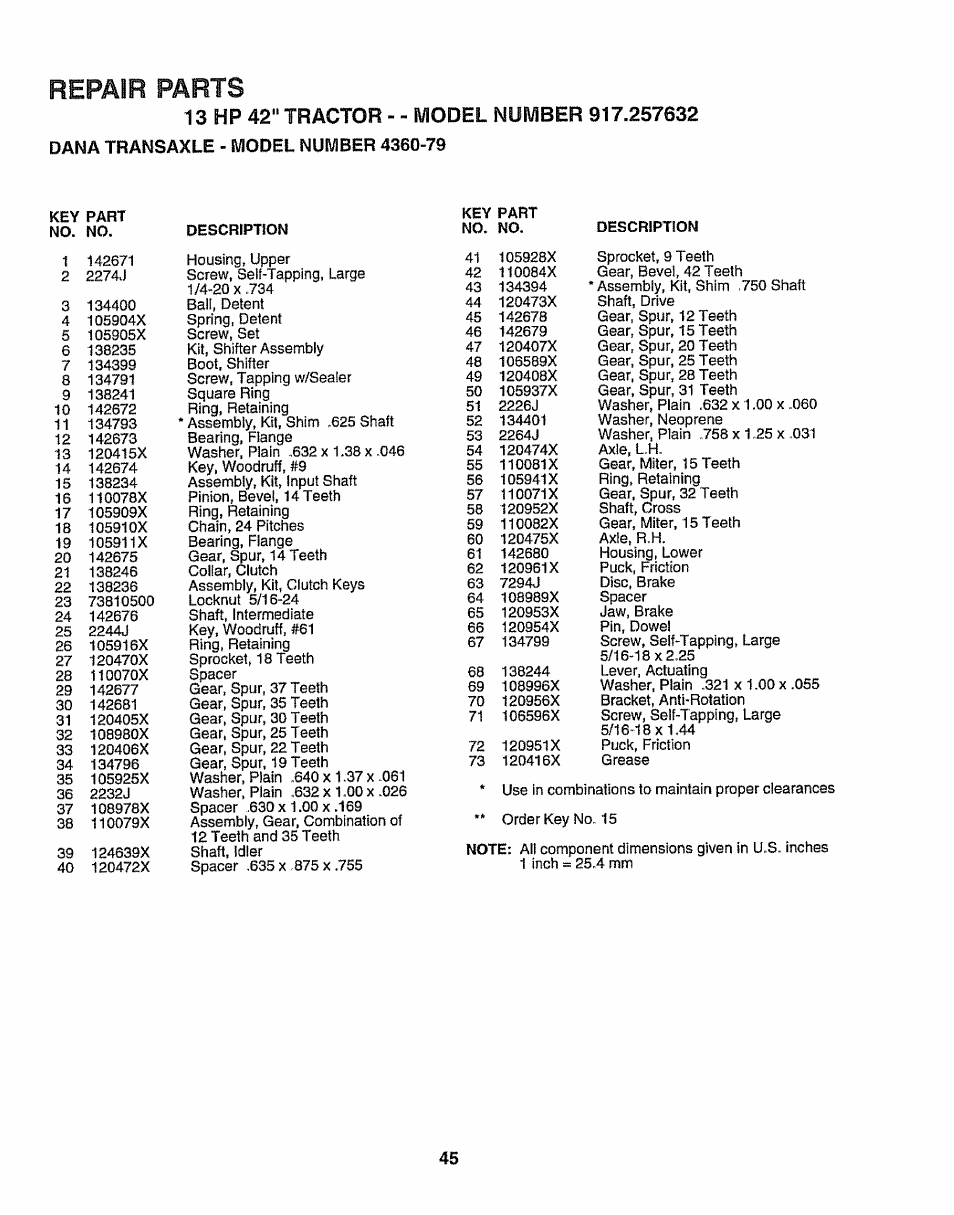 Repair, Parts | Sears 917.257632 User Manual | Page 45 / 56