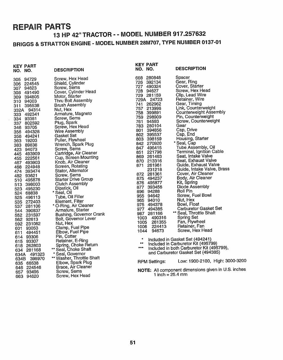 Repair parts | Sears 917.257632 User Manual | Page 51 / 56