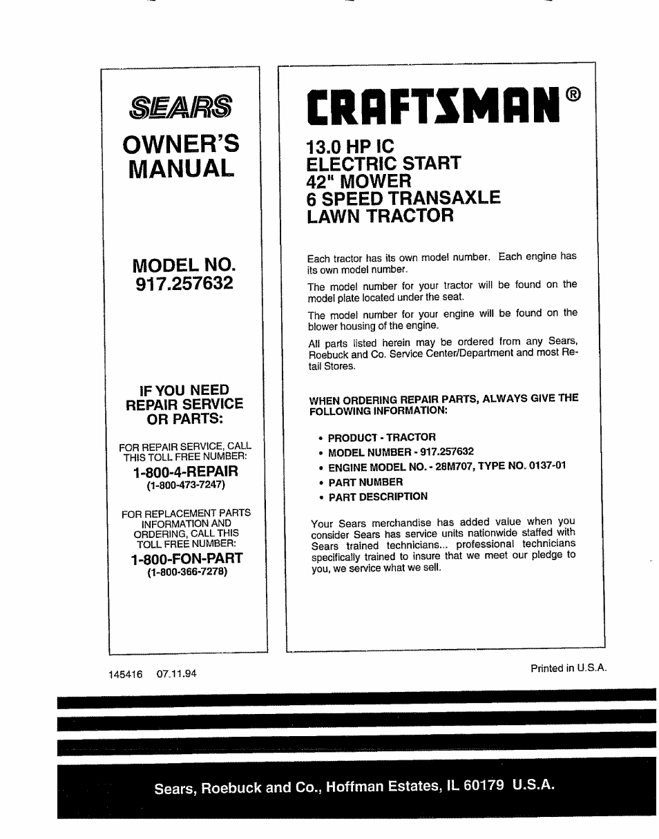 Crrftsmrn, Owner’s manual | Sears 917.257632 User Manual | Page 56 / 56