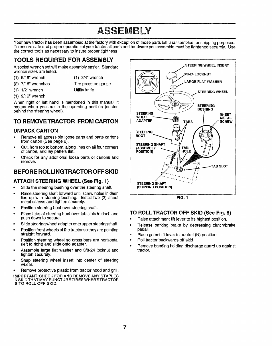 Assembly, Tools required for assembly, Before rollingtractor off sk(d | Sears 917.257632 User Manual | Page 7 / 56