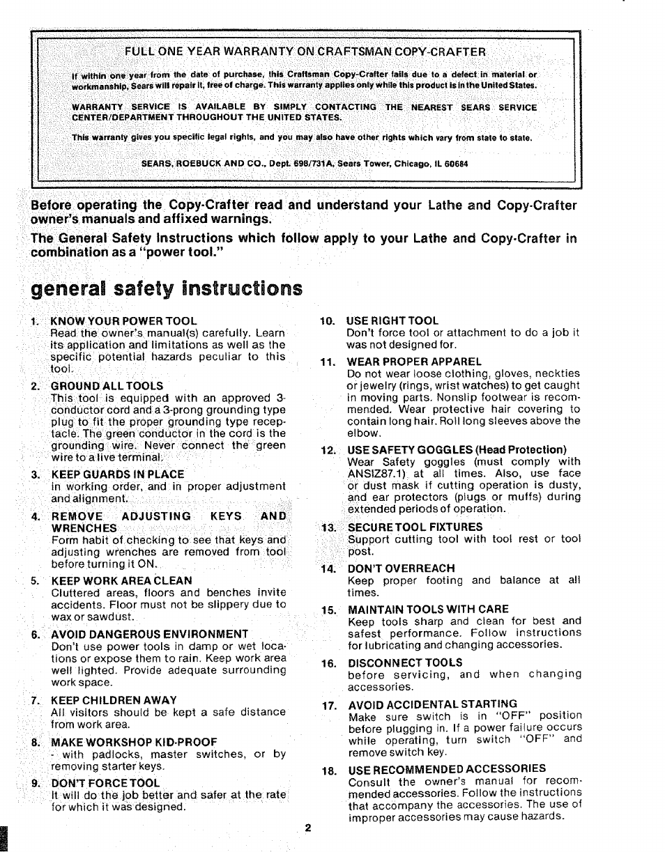 General safety instryctlons | Sears 113.24907 User Manual | Page 2 / 28