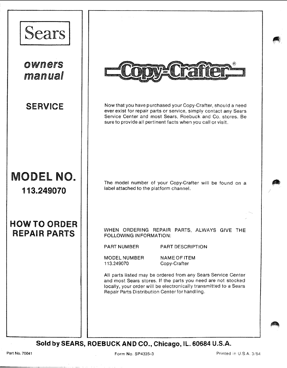 Model no, Ears, Owners manual | Service | Sears 113.24907 User Manual | Page 28 / 28