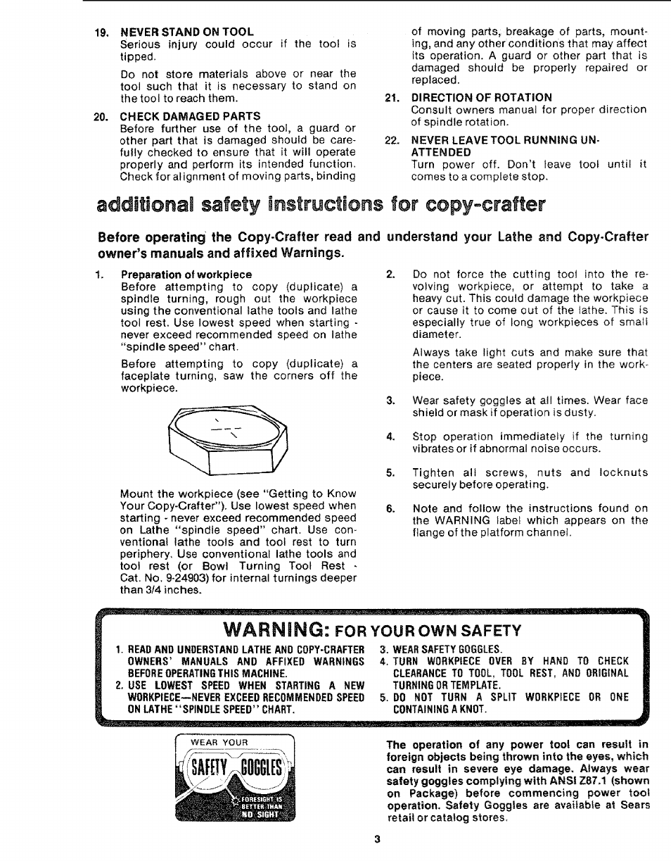 Additional safety instructions for copy-crafter, Warning, Your | Sears 113.24907 User Manual | Page 3 / 28